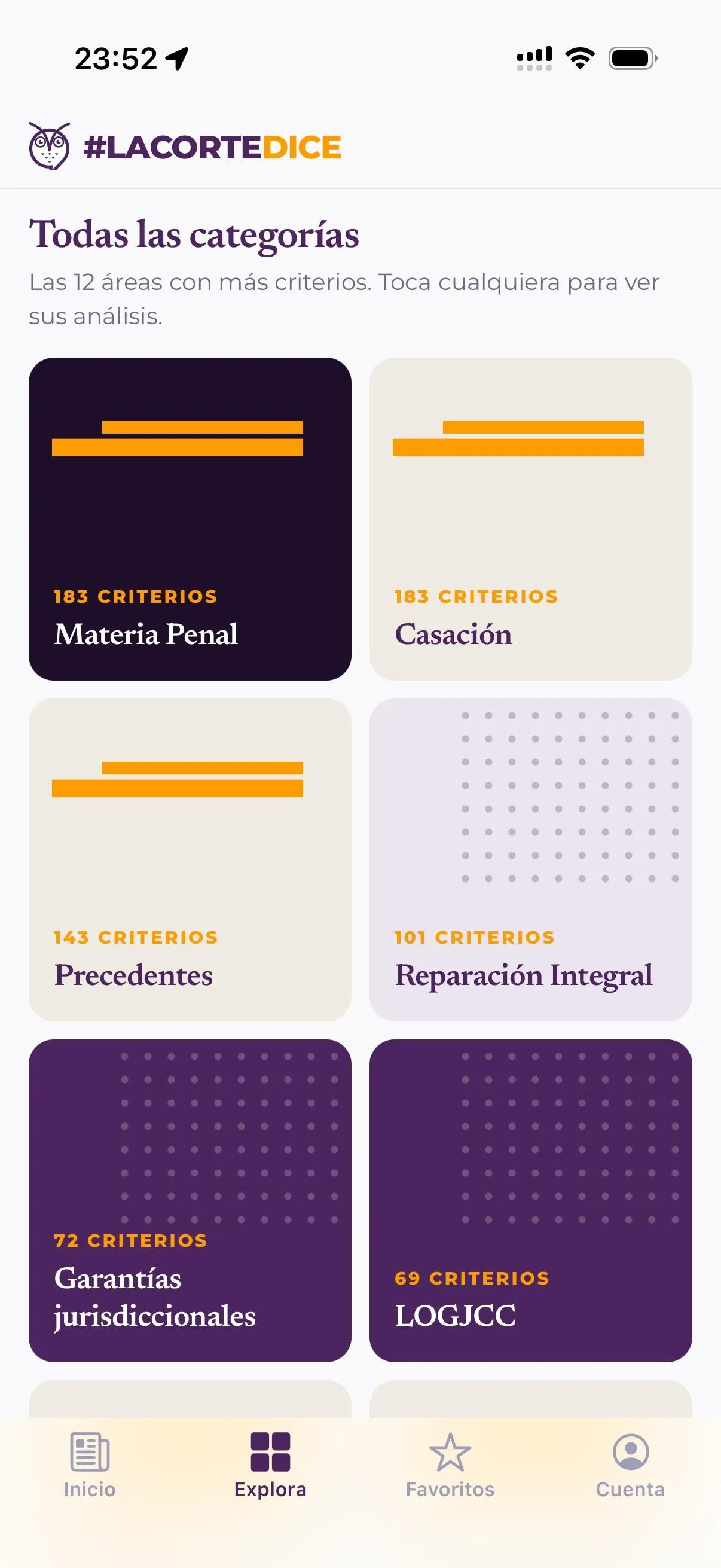 La Corte Dice app: all categories, with the number of criteria in each