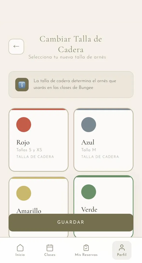 ONNA app: choose your hip size, which sets your bungee harness: red, blue, yellow or green