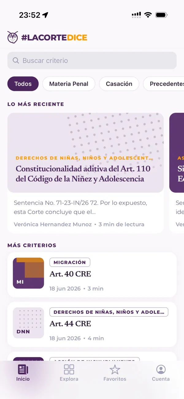 La Corte Dice app: home with the latest criteria and search