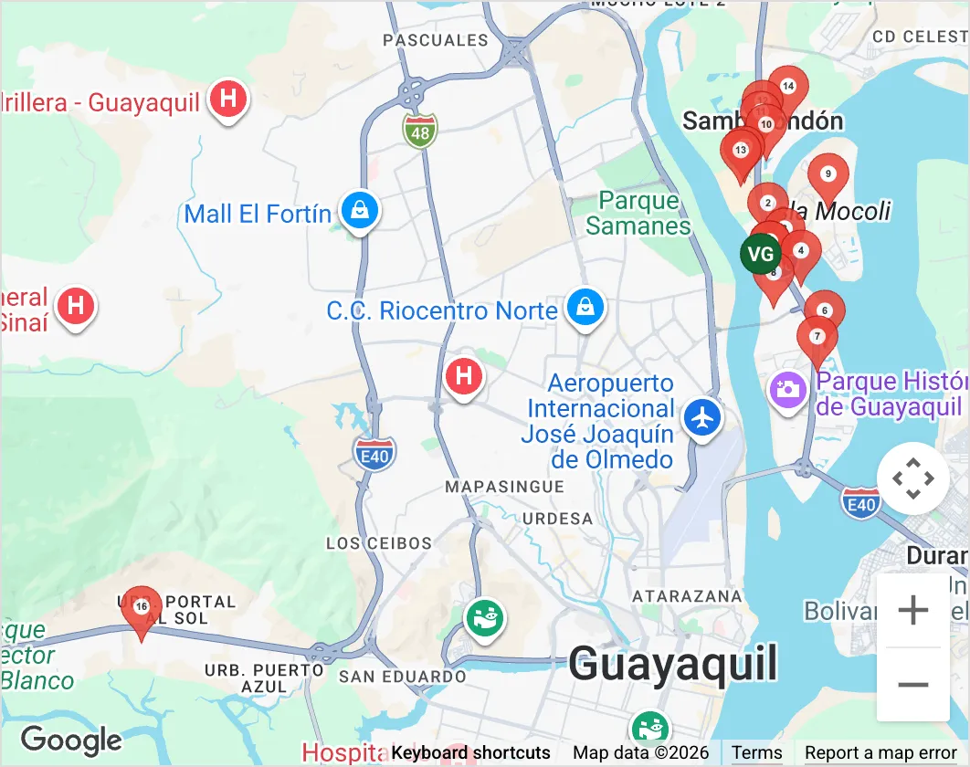 Map of Guayaquil and Samborondón with the shop and numbered delivery stops on Mother's Day 2026