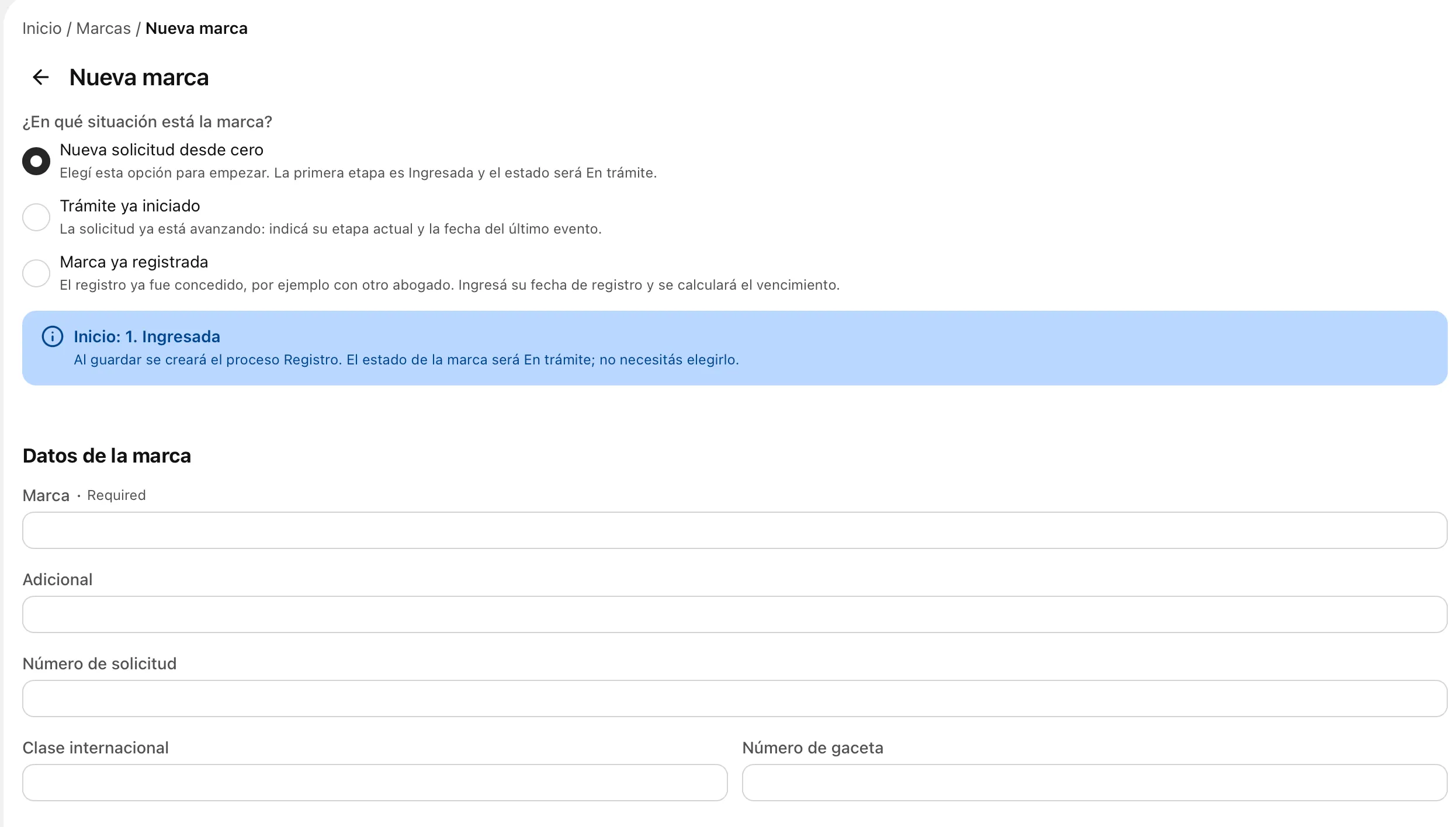 Mark Tracker new trademark form: new application, process already started, or trademark already registered