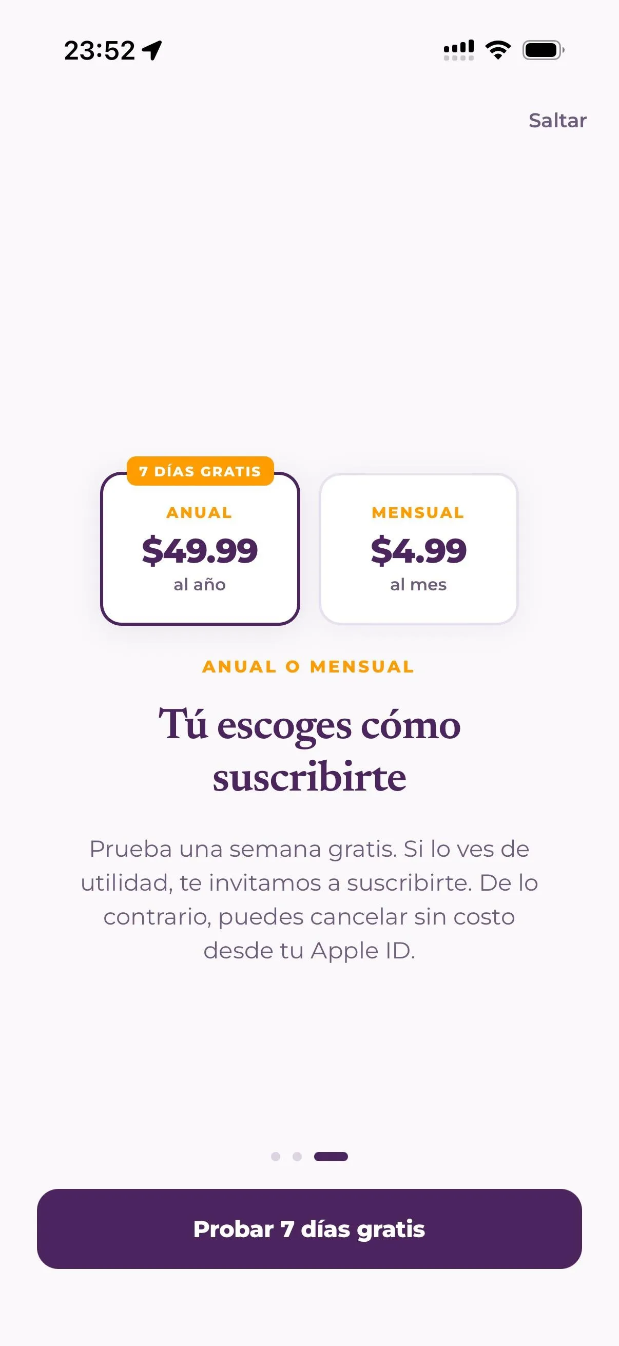 La Corte Dice paywall: yearly plan with 7 days free or monthly plan
